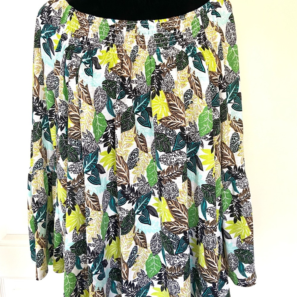 COPY - New Directions Women's L Floral Blouse Tunic Green Multi Large Ruffle Sl…